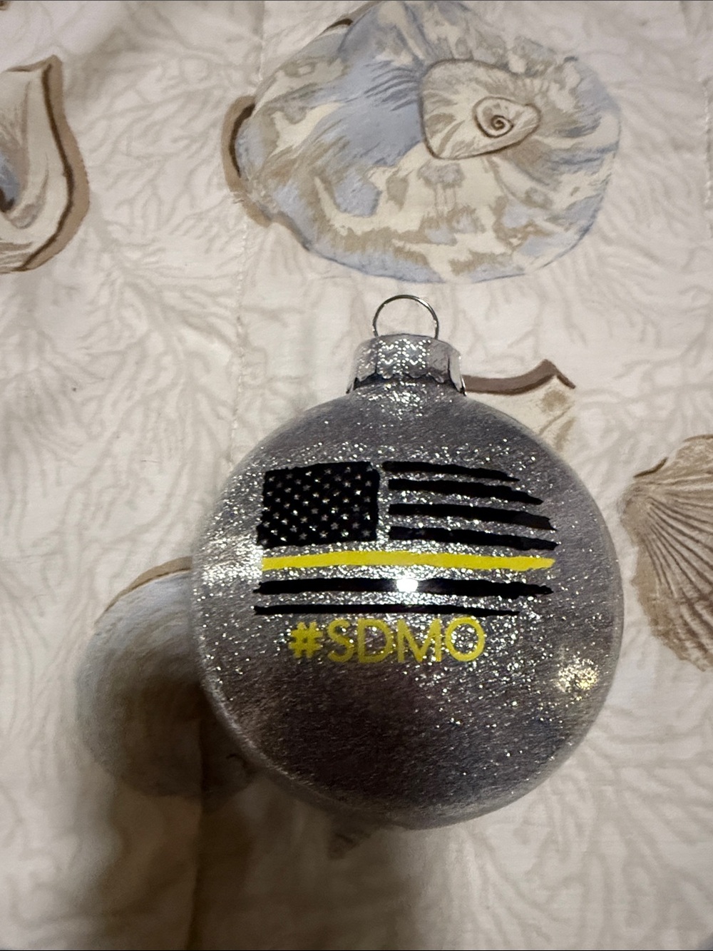 Silver Glitter Holiday Ornament with Yellow Accent